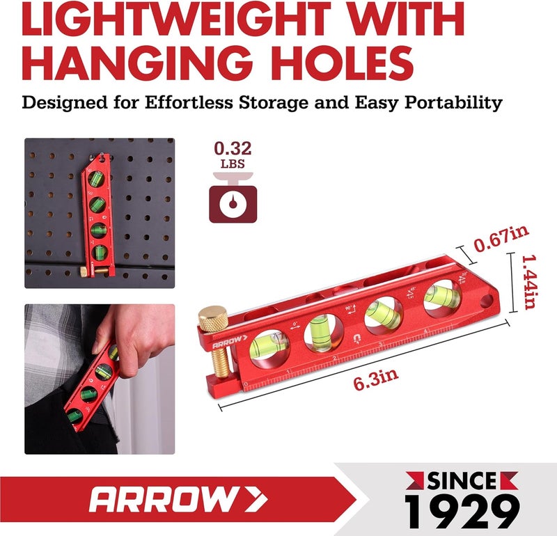 Arrow Fastener ARROW 6.3-Inch Torpedo Level, Magnetic Leveler with 0°/30°/45°/90° Bubbles, Top-view Windows, Aluminium Alloy Frame, Dual Metric and SAE Scales - Image 4